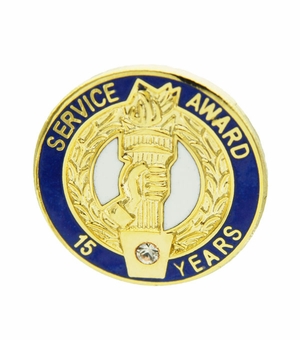 3/4 Inch in Diameter 15 Year Service Award Pin with Crystal