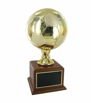 16-1/2 INCH GOLD SOCCER TROPHY WITH 8 INCH DIAMETER BALL ON WALNUT BASE