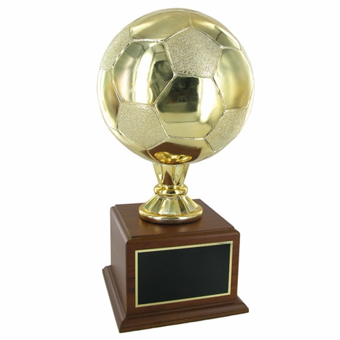 16-1/2 INCH GOLD SOCCER TROPHY WITH 8 INCH DIAMETER BALL ON WALNUT BASE