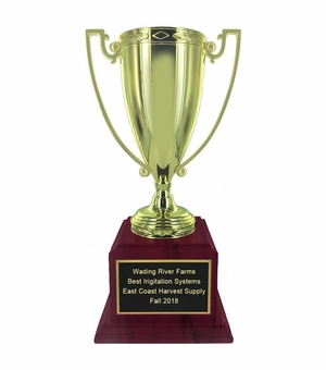 16-1/2 INCH HEIGHT BRIGHT GOLD METAL CUP TROPHY ON ROSEWOOD PIANO FINISH BASE
