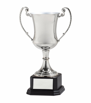 16-1/2 INCH NICKEL PLATED SILVER TROPHY CUP DIE CAST ZINC POLISH  BLACK WOOD BASE