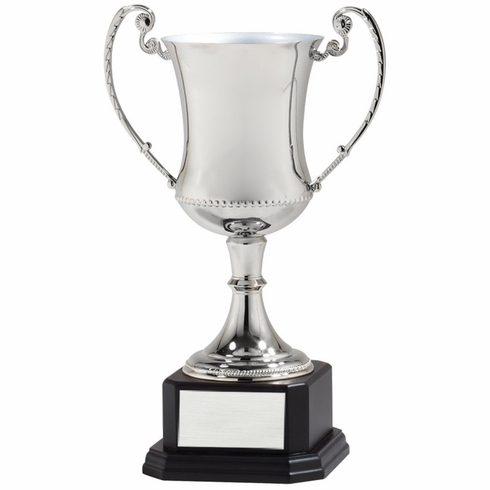 16-1/2 INCH NICKEL PLATED SILVER TROPHY CUP DIE CAST ZINC POLISH  BLACK WOOD BASE