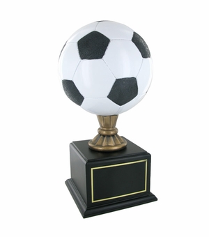 16-1/2 INCH PAINTED SOCCER BALL TROPHY WITH 8-1/2 INCH DIAMETER BALL ON BLACK BASE