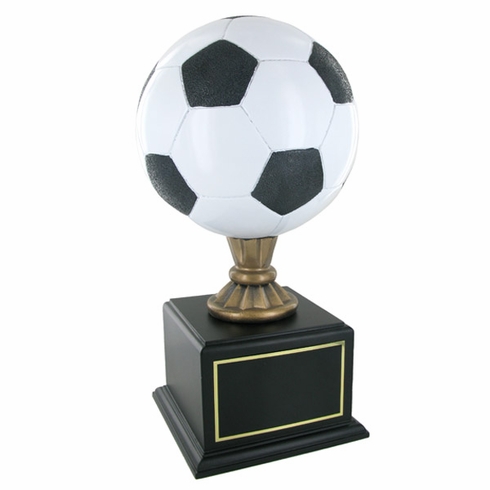 16-1/2 INCH PAINTED SOCCER BALL TROPHY WITH 8-1/2 INCH DIAMETER BALL ON BLACK BASE