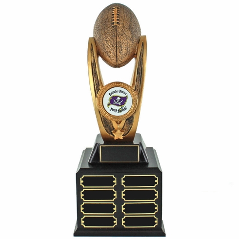16-1/2 INCH PERPETUAL FANTASY FOOTBALL TROPHY ANTIQUE GOLD FINISH RESIN DOUBLE BLACK BASE