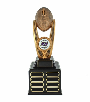 16-1/2 INCH PERPETUAL FANTASY FOOTBALL TROPHY ANTIQUE GOLD FINISH RESIN DOUBLE BLACK BASE