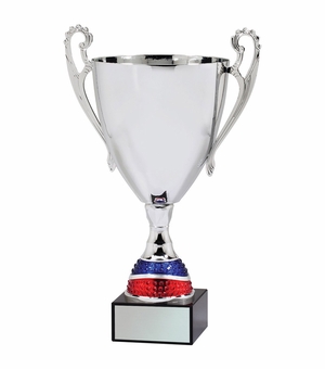 16-1/4 SILVER LOVING METAL TROPHY CUP WITH RED AND BLUE STEM