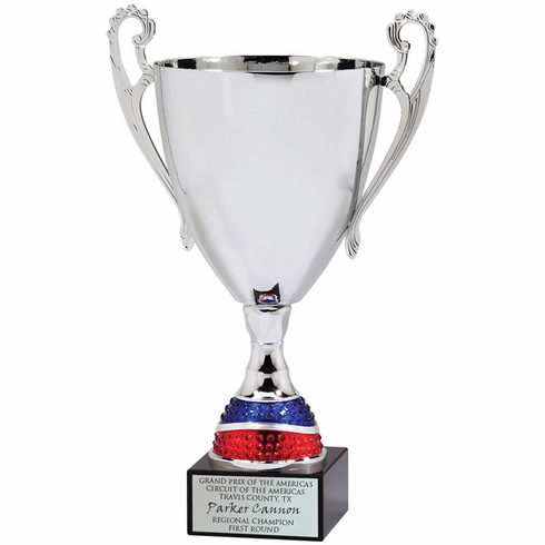 16-1/4 SILVER LOVING METAL TROPHY CUP WITH RED AND BLUE STEM