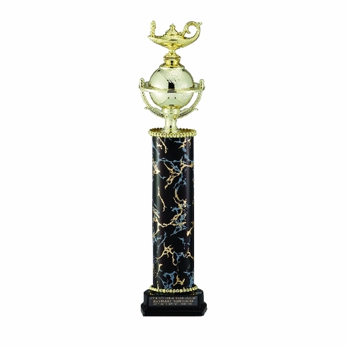 16, 17, 18 INCH BLACK AND GOLD ONE COLUMN TROPHY, TAKES FIGURE