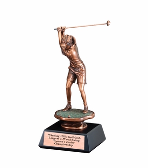 16" FEMALE GOLF BACK SWING TROPHY ELECTROPLATED BRONZE ON BLACK BASE