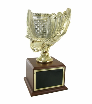 16 INCH GOLD BASEBALL GLOVE TROPHY WITH 11 INCH GLOVE ON WALNUT BASE