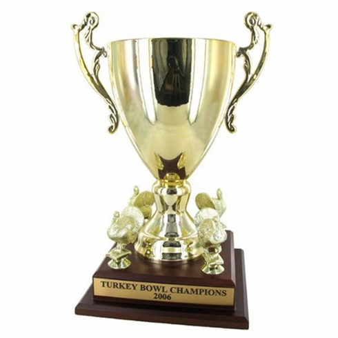 16 INCH GOLD METAL TURKEY BOWL TROPHY ON WALNUT FINISH BASE