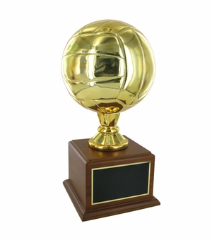 16 INCH GOLD VOLLEYBALL TROPHY WITH 8 INCH DIAMETER BALL ON WALNUT BASE