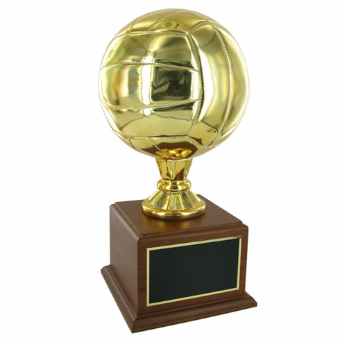 16 INCH GOLD VOLLEYBALL TROPHY WITH 8 INCH DIAMETER BALL ON WALNUT BASE