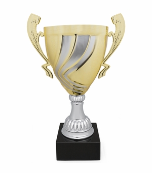 16 INCH ITALIAN SILVER AND GOLD SWIRL TROPHY CUP ON A BLACK MARBLE BASE
