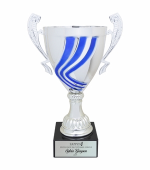 16 INCH ITALIAN SILVER SWIRL TROPHY CUP WITH BLUE STRIPES ON A BLACK MARBLE BASE