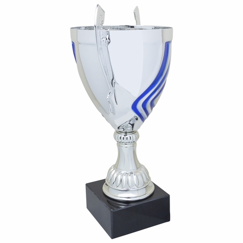 16 INCH ITALIAN SILVER SWIRL TROPHY CUP WITH BLUE STRIPES ON A BLACK MARBLE BASE