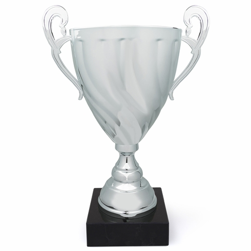 16 INCH ITALIAN SILVER TROPHY CUP SWIRL PATTERN ON BLACK MARBLE BASE