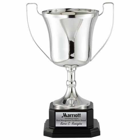 16 INCH POLISHED SILVER ITALIAN TROPHY CUP ON EBONY FINISH WOOD BASE