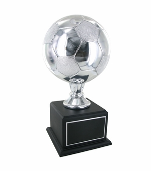 16 INCH SILVER SOCCER TROPHY WITH 8 INCH DIAMETER BALL ON BLACK BASE