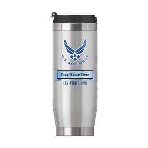 16 OUNCE U.S. AIR FORCE STAINLESS STEEL TRAVEL MUG WITH BANNER FOR PERSONALIZATION NAME AND RANK 