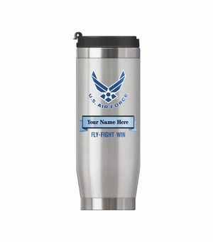 16 OUNCE U.S. AIR FORCE STAINLESS STEEL TRAVEL MUG WITH BANNER FOR PERSONALIZATION NAME AND RANK 