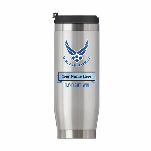 16 OUNCE U.S. AIR FORCE STAINLESS STEEL TRAVEL MUG WITH BANNER FOR PERSONALIZATION NAME AND RANK 