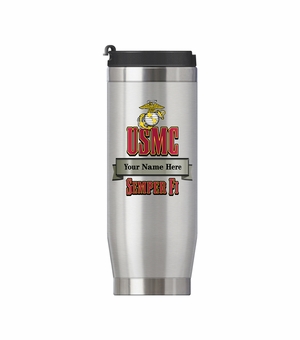16 OUNCE U.S. MARINE CORPS STAINLESS STEEL TRAVEL MUG WITH BANNER FOR PERSONALIZATION NAME AND RANK