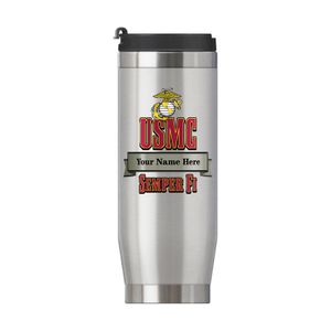 16 OUNCE U.S. MARINE CORPS STAINLESS STEEL TRAVEL MUG WITH BANNER FOR PERSONALIZATION NAME AND RANK