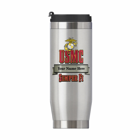 16 OUNCE U.S. MARINE CORPS STAINLESS STEEL TRAVEL MUG WITH BANNER FOR PERSONALIZATION NAME AND RANK