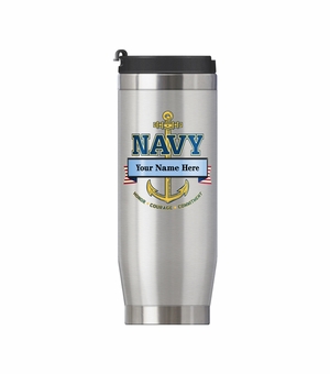 16 OUNCE U.S. NAVY STAINLESS STEEL TRAVEL MUG WITH BANNER FOR PERSONALIZATION NAME AND RANK