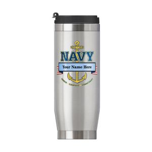 16 OUNCE U.S. NAVY STAINLESS STEEL TRAVEL MUG WITH BANNER FOR PERSONALIZATION NAME AND RANK