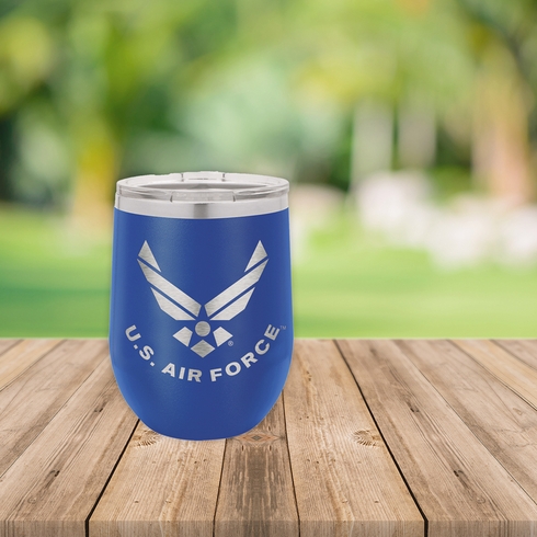 16 OZ DOUBLE WALLED STAINLESS STEEL SMALL BLUE TUMBLER LAZER ENGRAVED WITH U.S. AIR FORCE LOGO