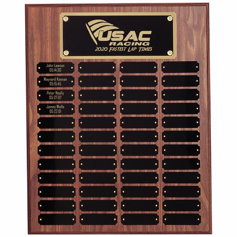 16 x 20 INCH WALNUT FINISH PERPETUAL PLAQUE WITH BLACK AND GOLD HEADER PLATE-48 NAME PLATES