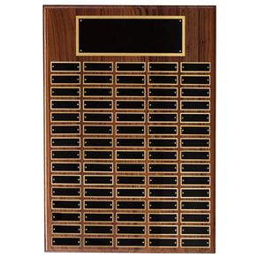 16 X 22 INCH MULTIPLE PLATE WALNUT VENEER PLAQUE WITH 75 BLACK SCREENED PLATES
