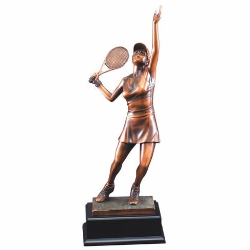 17-1/2 INCH ANTIQUE BRONZE ELECTROPLATED FEMALE TENNIS PLAYER TROPHY ON BLACK WOOD BASE