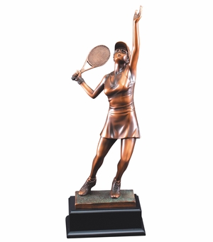 17-1/2 INCH ANTIQUE BRONZE ELECTROPLATED FEMALE TENNIS PLAYER TROPHY ON BLACK WOOD BASE
