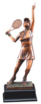 17-1/2 INCH ANTIQUE BRONZE ELECTROPLATED FEMALE TENNIS PLAYER TROPHY ON BLACK WOOD BASE