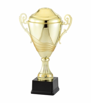 17-1/2 INCH ITALIAN TWO-TONE BRIGHT AND ANTIQUE GOLD TROPHY CUP ON BLACK BASE