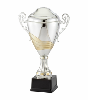 17-1/2 INCH ITALIAN TWO-TONE SILVER AND GOLD TROPHY CUP ON BLACK BASE