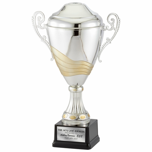 17-1/2 INCH ITALIAN TWO-TONE SILVER AND GOLD TROPHY CUP ON BLACK BASE