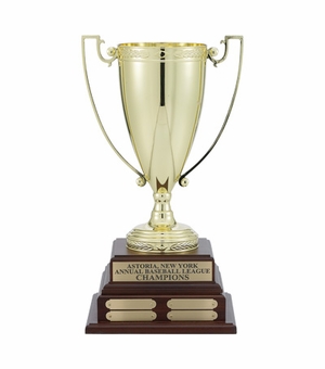 17-1/2  INCH PERPETUAL TROPHY WITH 13 INCH GOLD CUP ON WALNUT FINISH BASE, 16 PLATES
