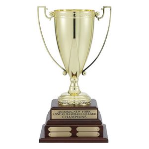 17-1/2  INCH PERPETUAL TROPHY WITH 13 INCH GOLD CUP ON WALNUT FINISH BASE, 16 PLATES