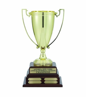 17-1/2  INCH PERPETUAL TROPHY WITH 13 INCH GOLD CUP ON WALNUT FINISH BASE, 4 PLATES