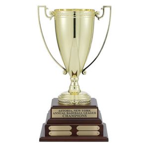 17-1/2  INCH PERPETUAL TROPHY WITH 13 INCH GOLD CUP ON WALNUT FINISH BASE, 4 PLATES