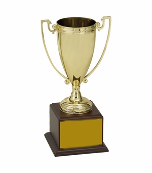 17-1/2 INCH TROPHY CUP WITH GOLD PLATE ON WALNUT FINISH BASE