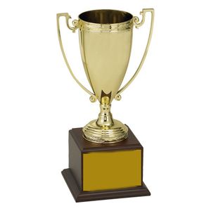 17-1/2 INCH TROPHY CUP WITH GOLD PLATE ON WALNUT FINISH BASE