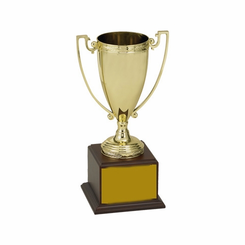 17-1/2 INCH TROPHY CUP WITH GOLD PLATE ON WALNUT FINISH BASE