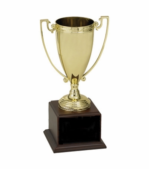 17-1/2 INCH TROPHY GOLD CUP WITH  BLACK PLATE ON WALNUT FINISH BASE