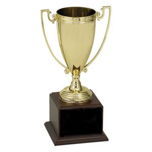 17-1/2 INCH TROPHY GOLD CUP WITH  BLACK PLATE ON WALNUT FINISH BASE